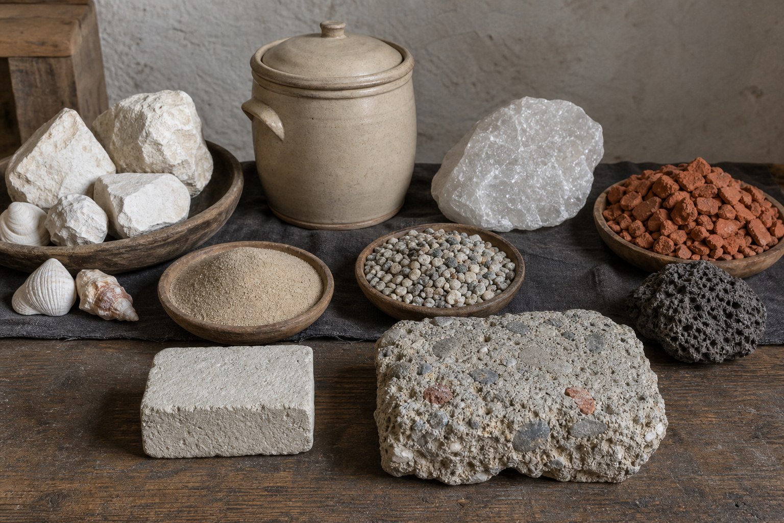 AI-generated material study showing limestone, shells, gypsum, sand, gravel, brick pozzolan, volcanic tuff, a closed lime-putty crock, and cured mortar and concrete samples.