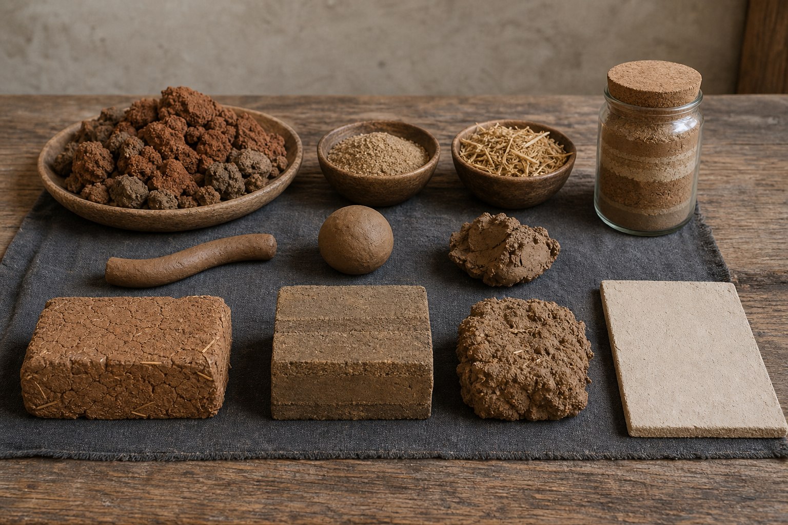 AI-generated material study showing clay-rich soils, sand, straw, simple field-test samples, adobe, rammed earth, cob, and earthen plaster.