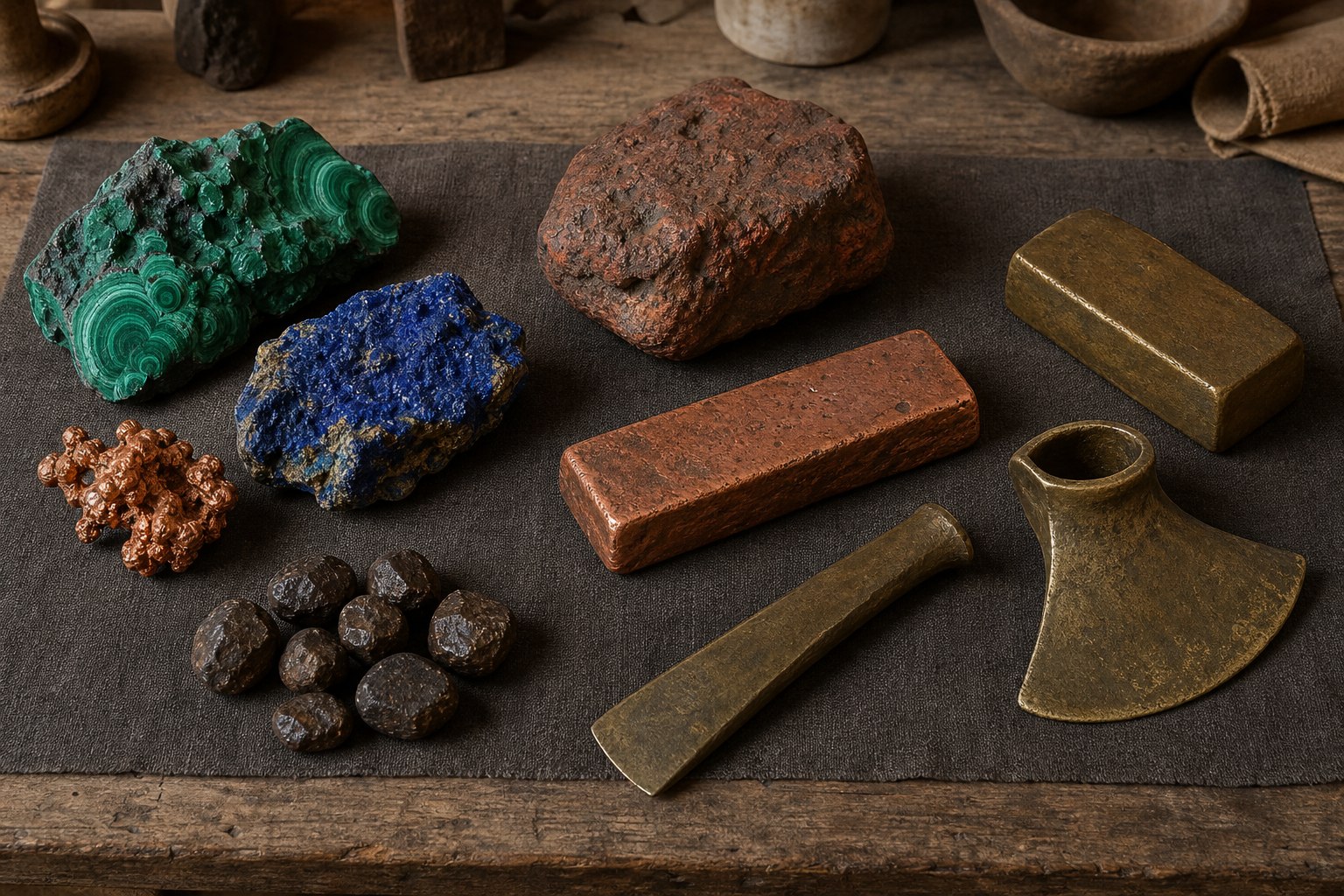 AI-generated material study showing malachite, azurite, native copper, cassiterite pebbles, rough copper and bronze bars, and simple cast bronze tools.