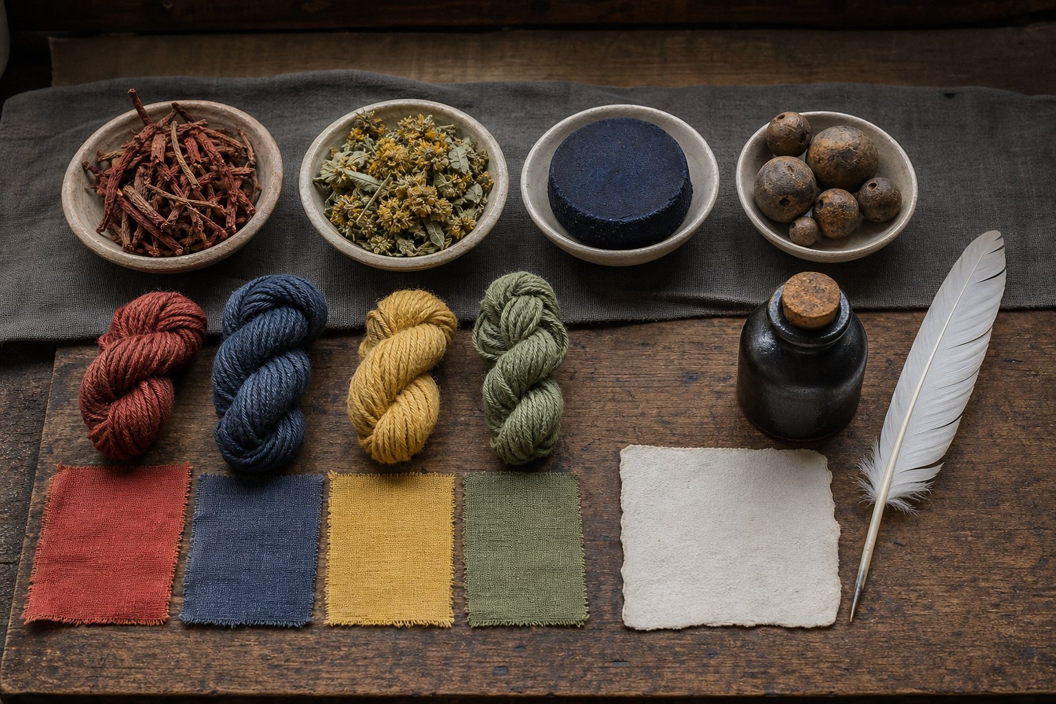 AI-generated material study showing madder roots, weld, an indigo cake, oak galls, naturally dyed yarn and cloth, and a closed ink bottle with a quill.