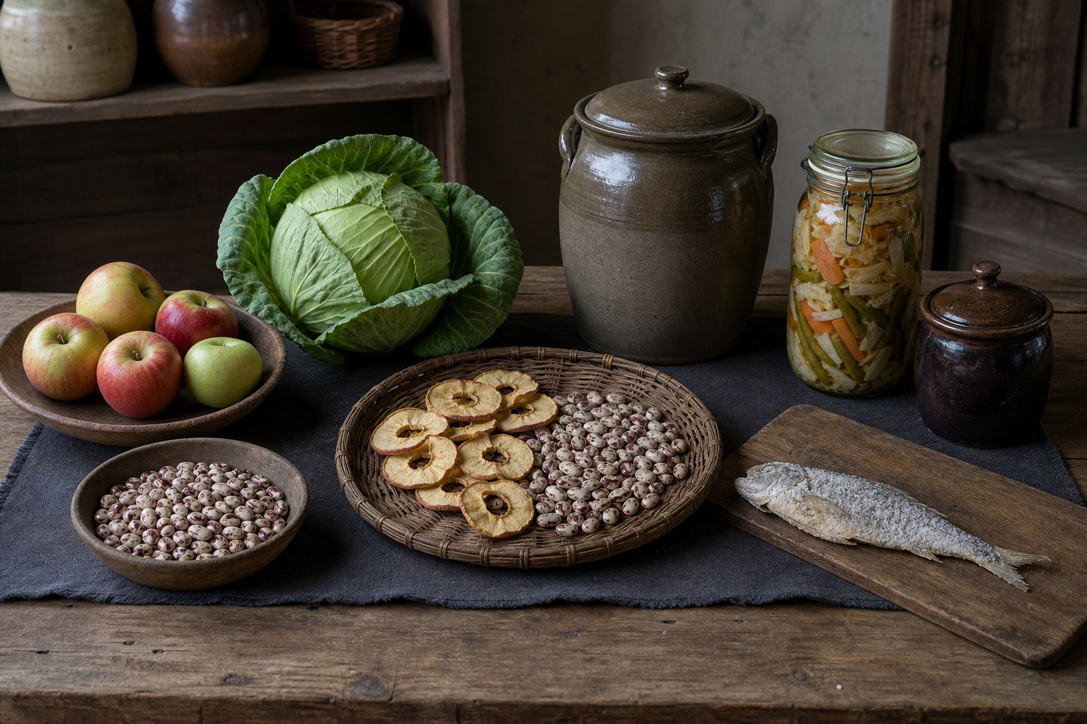 AI-generated material study showing fresh produce alongside dried apples and beans, a dry salted fish, a closed fermentation crock, sealed pickled vegetables, and covered fruit preserve.