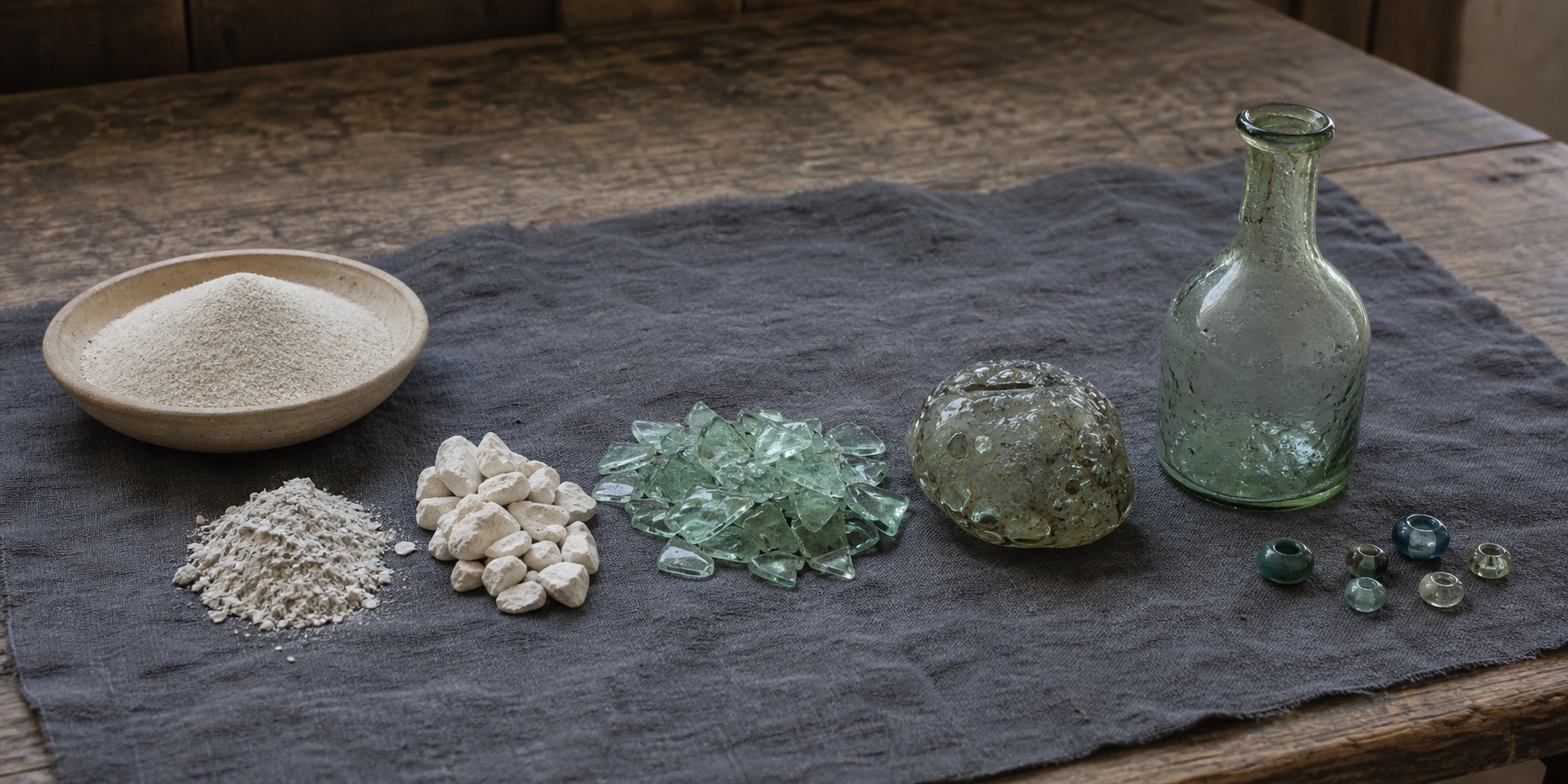 AI-generated material study showing silica sand, pale plant ash and limestone, greenish cullet, a rough glass gather, a bottle, and beads.