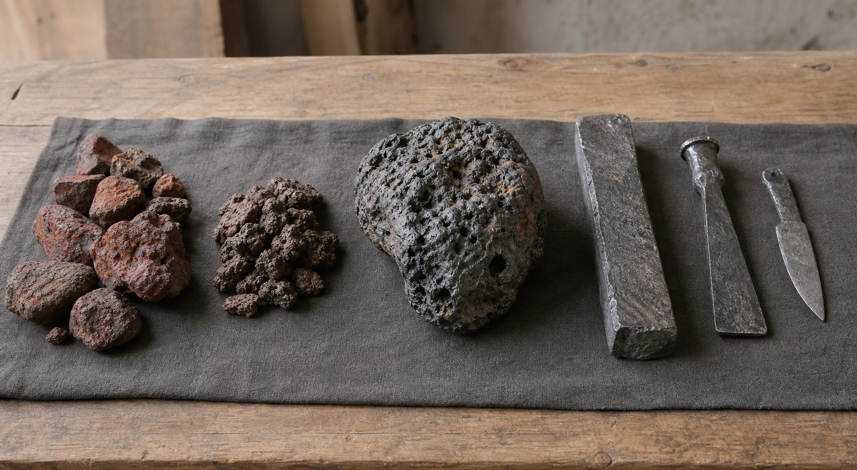 AI-generated material study showing reddish iron ore, a porous bloomery iron bloom, a wrought-iron bar, and simple forged tools.