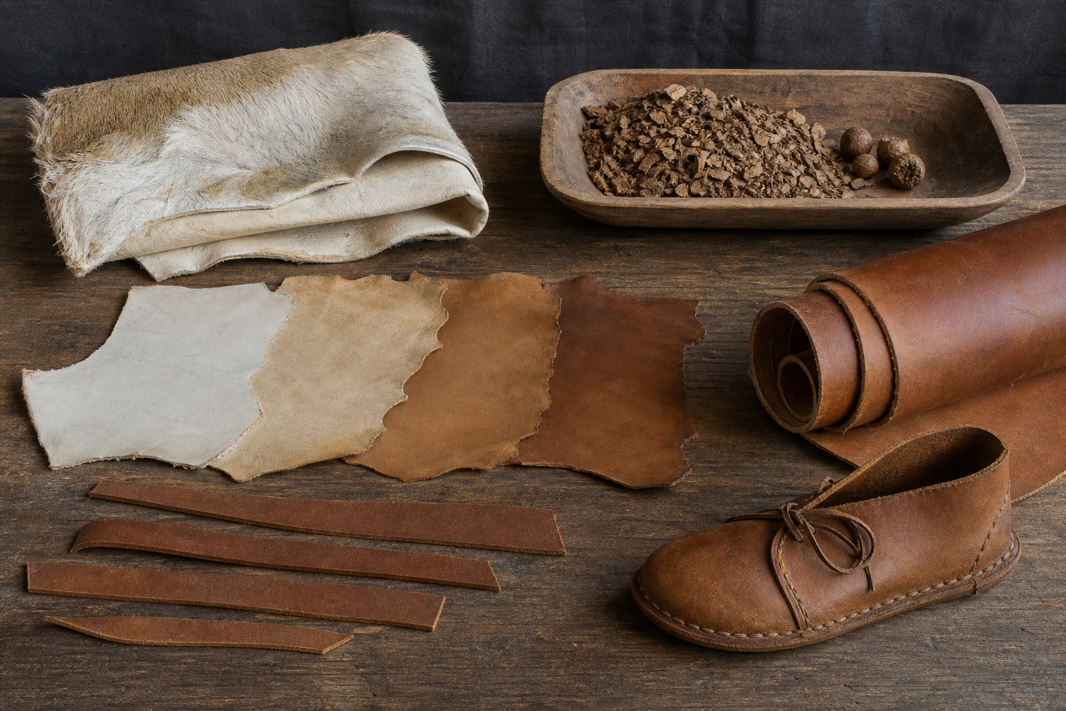 AI-generated material study showing clean cured hide, oak bark and galls, progressively vegetable-tanned samples, rolled leather, straps, and a stitched shoe.