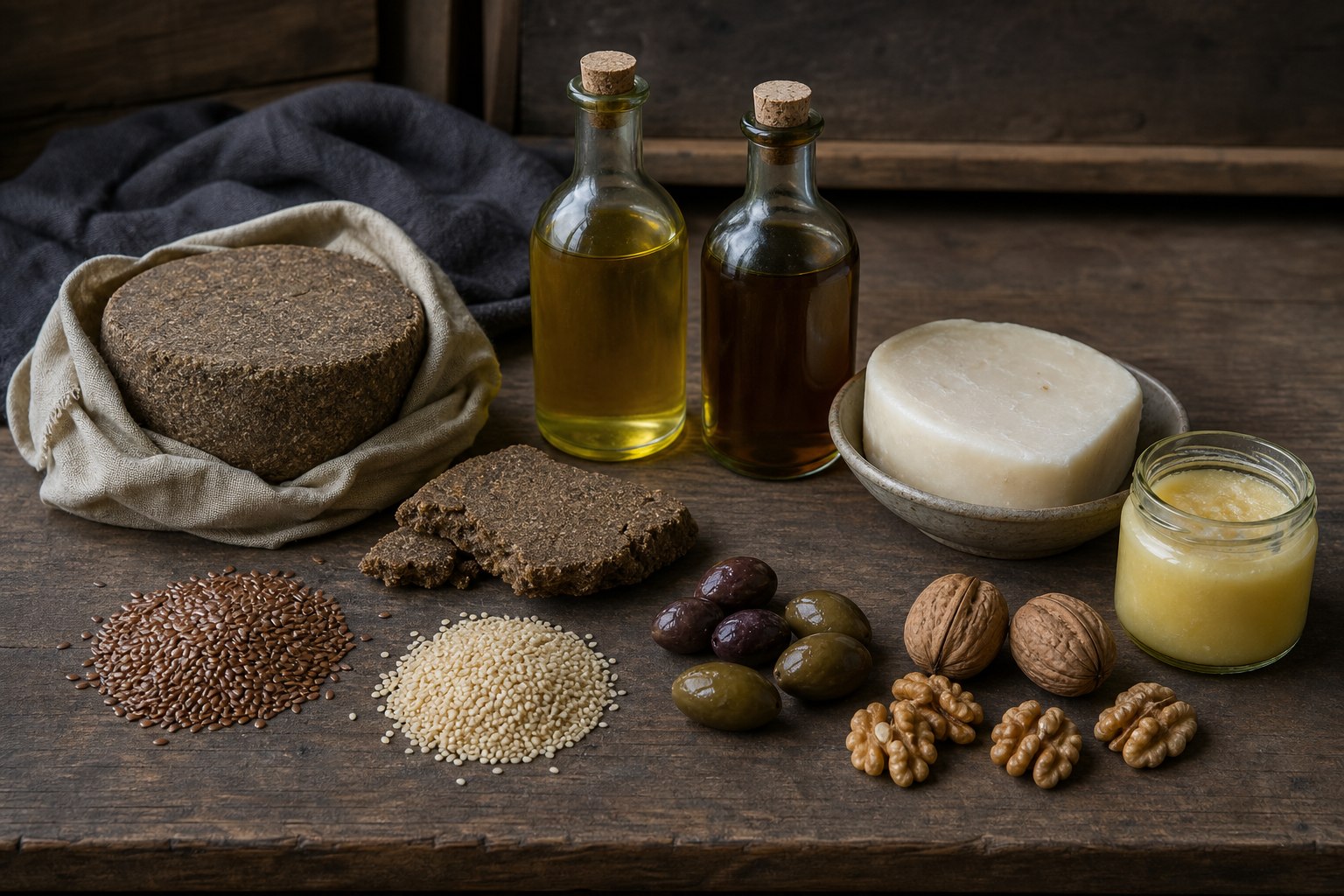 AI-generated material study showing oilseeds, olives, walnuts, wrapped and broken press cake, closed bottles of plant oil, rendered tallow, and firm grease.