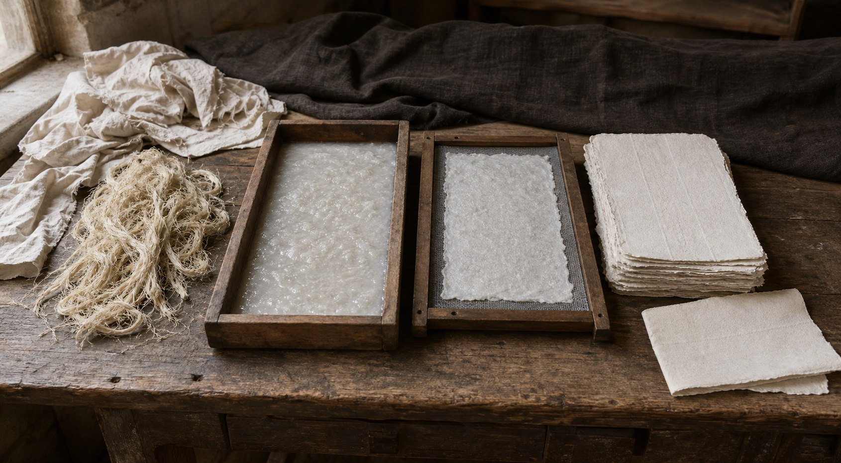 AI-generated material study showing linen rags and bast fibers, wet pulp, a newly formed sheet on a mould and deckle, and dry handmade paper.