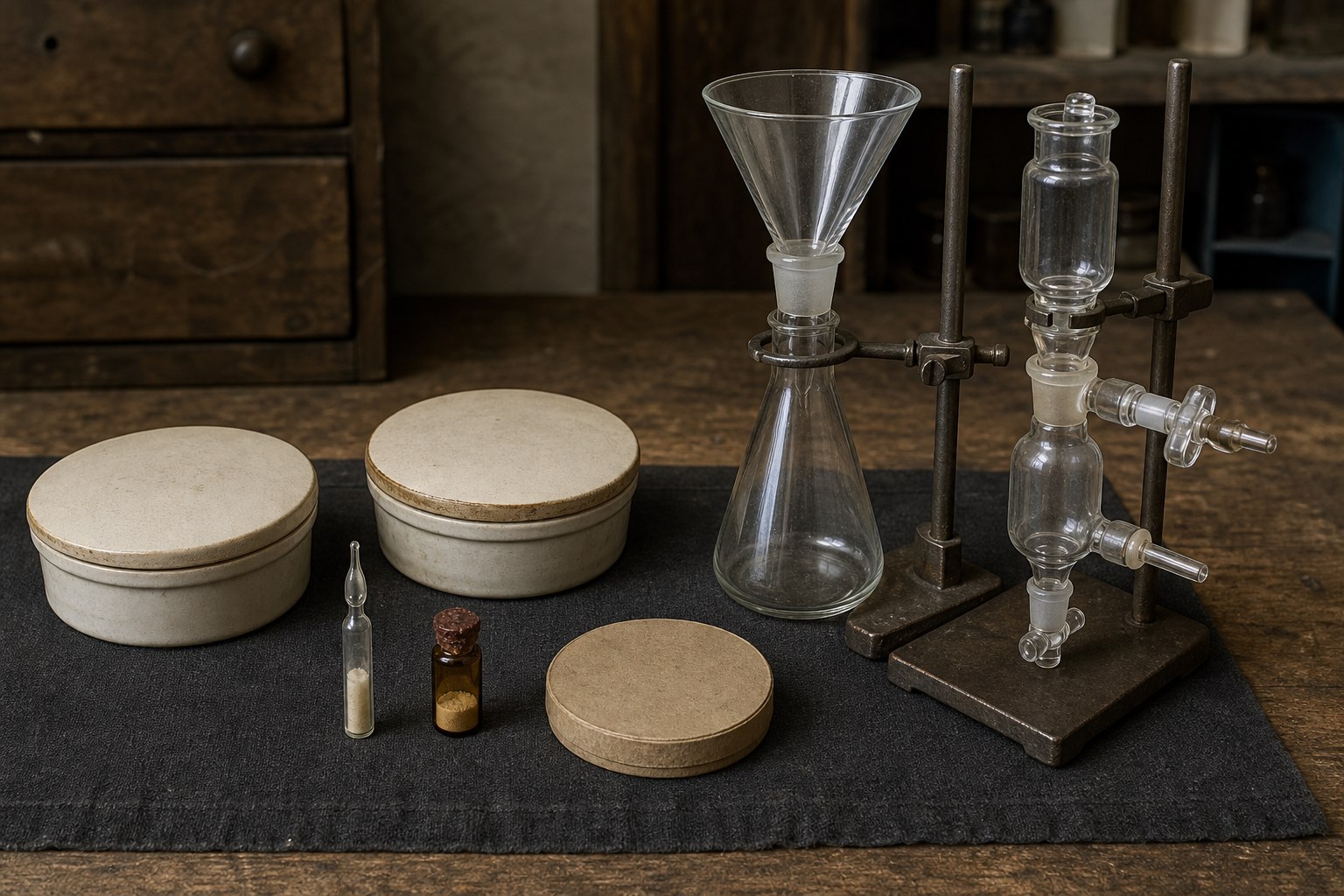 AI-generated conceptual material study showing sealed culture and assay vessels, clean dry filtration and extraction glassware, and sealed sample vials.