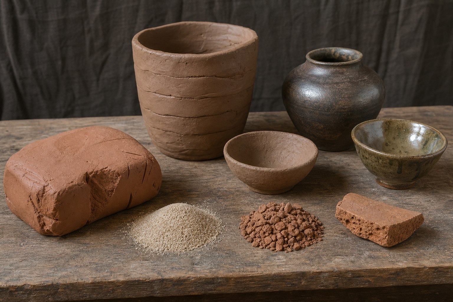 AI-generated material study showing prepared clay, sand and grog temper, an unfinished coil pot, leather-hard ware, a terracotta shard, and finished ceramic vessels.