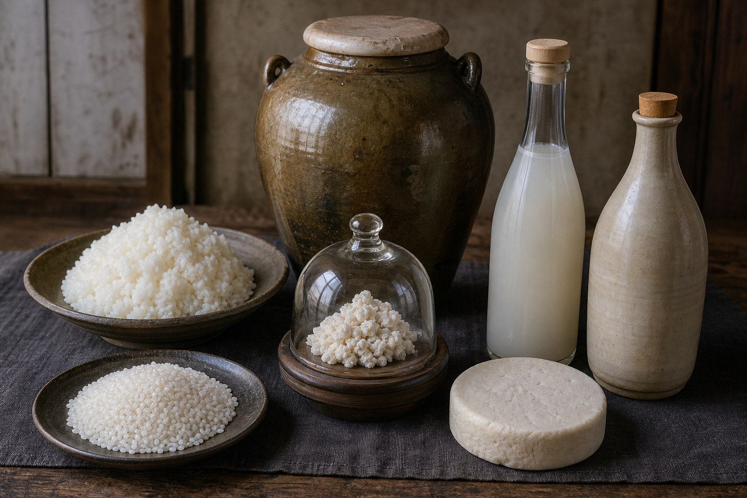 AI-generated material study showing polished and steamed rice, a protected generic koji-rice sample, a closed fermentation jar, sake lees, and sealed cloudy and clear sake bottles.