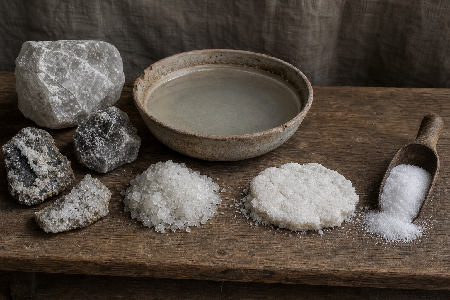 AI-generated material study showing halite rock, brine in a shallow ceramic pan, coarse salt crystals, a dried salt cake, and screened salt.