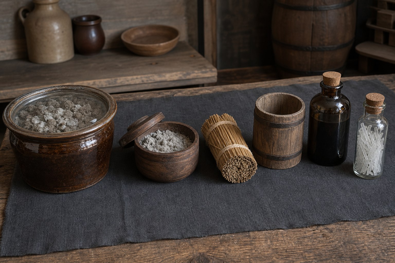 AI-generated material study showing contained nitrate-bearing earth and wood ash, a dry straw filter and leaching-barrel model, a sealed mother-liquor bottle, and contained needle crystals.