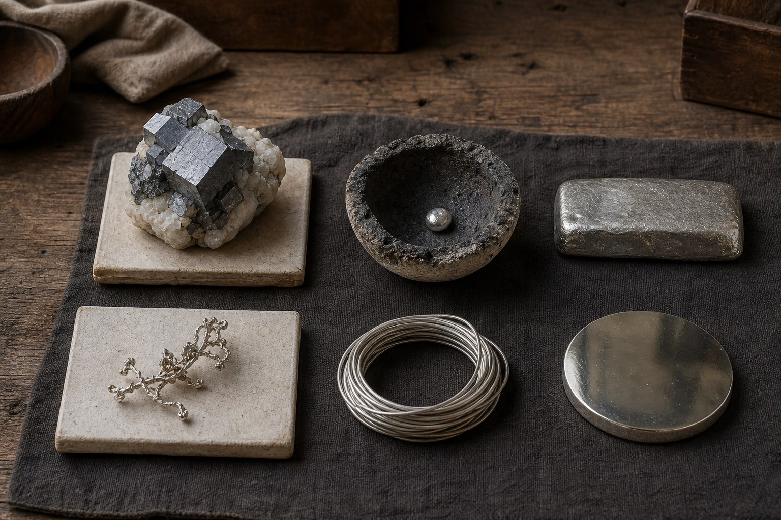 AI-generated material study showing an intact galena specimen, native silver, a spent cupel with a silver bead, a silver ingot, wire, and a polished mirror disk.