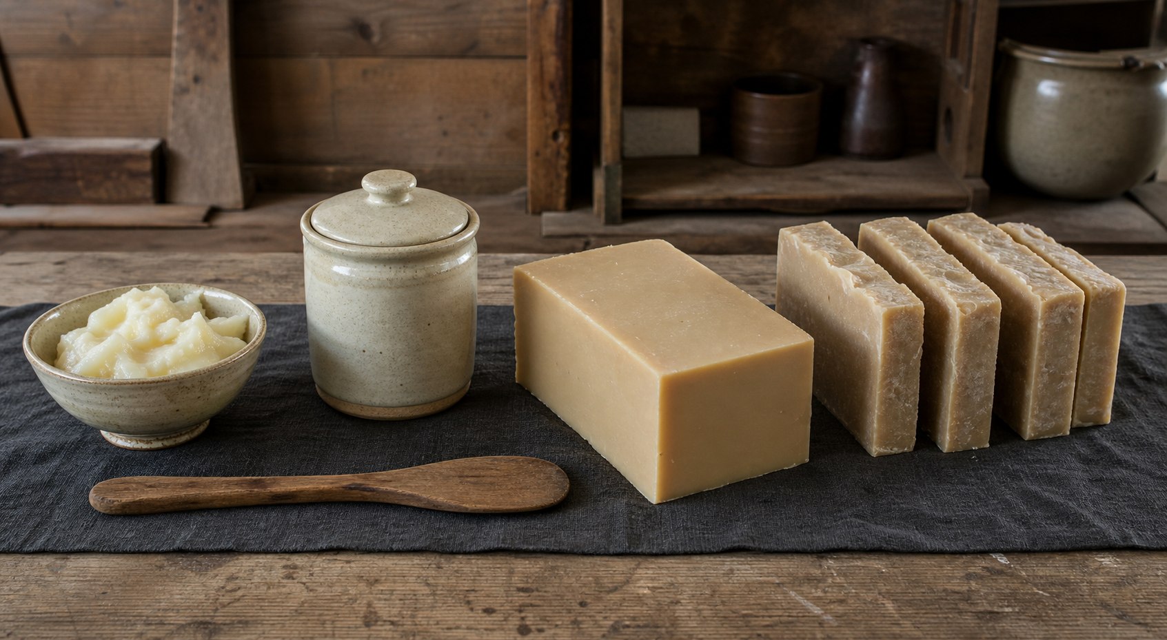 AI-generated material study showing rendered fat, a closed ceramic alkali container, a wooden paddle, a cut soap slab, and cured bars.