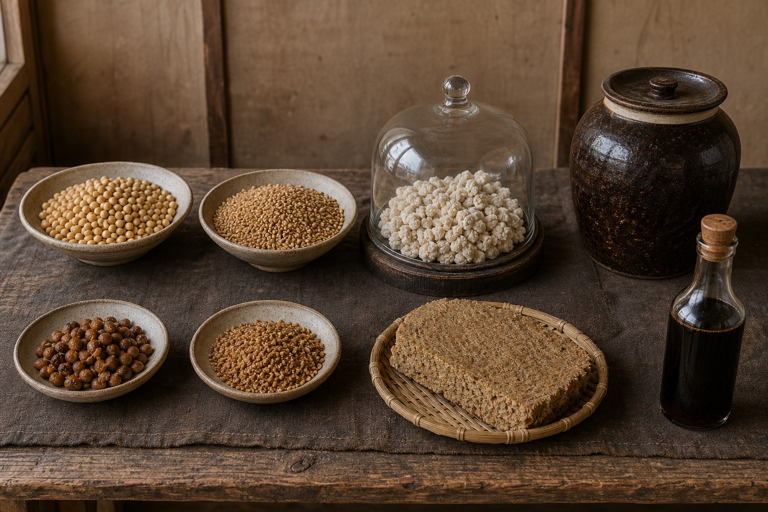 AI-generated material study showing soybeans, wheat, prepared ingredients, a protected generic koji sample, a closed moromi jar, pressed cake, and sealed soy sauce.