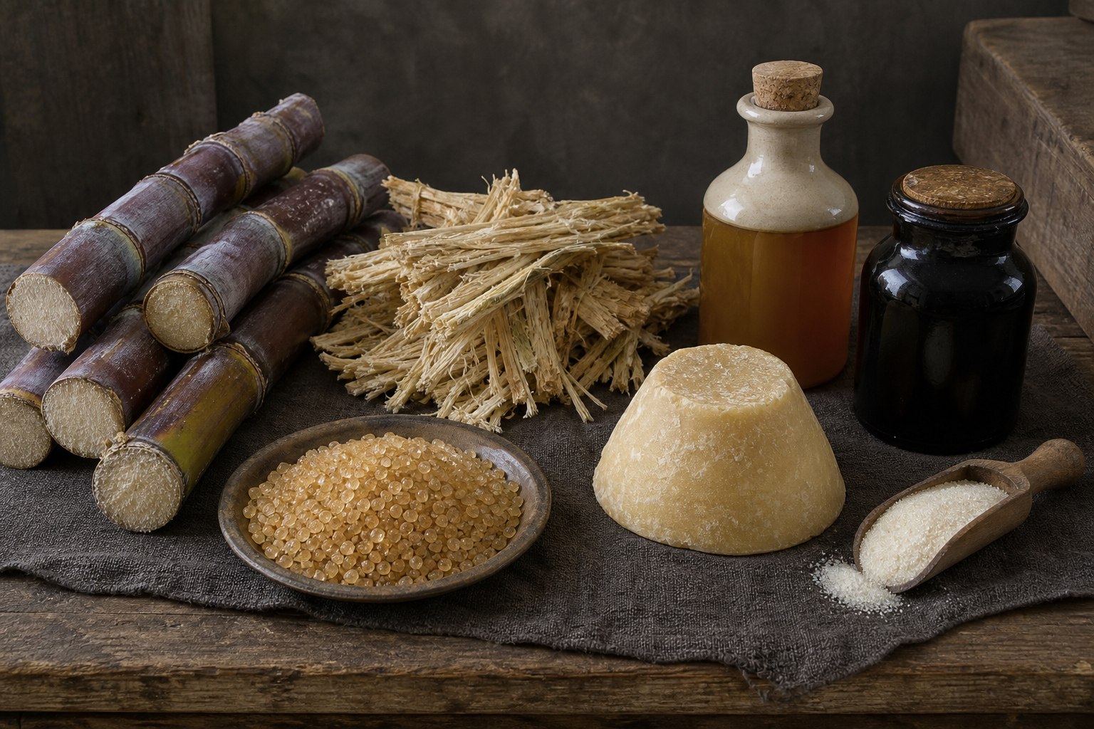 AI-generated material study showing cut sugarcane, dry bagasse, closed syrup and molasses containers, raw sugar crystals, a sugar loaf, and refined crystals.