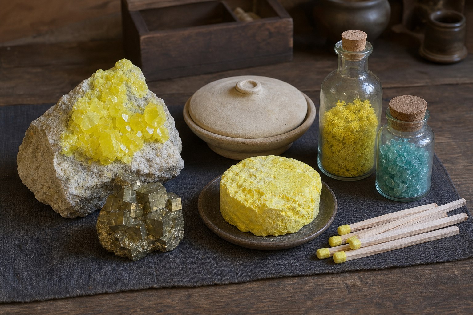 AI-generated material study showing native sulfur and pyrite specimens, contained refined sulfur cake and flowers, sealed copperas crystals, and unlit sulfur-tipped splints.