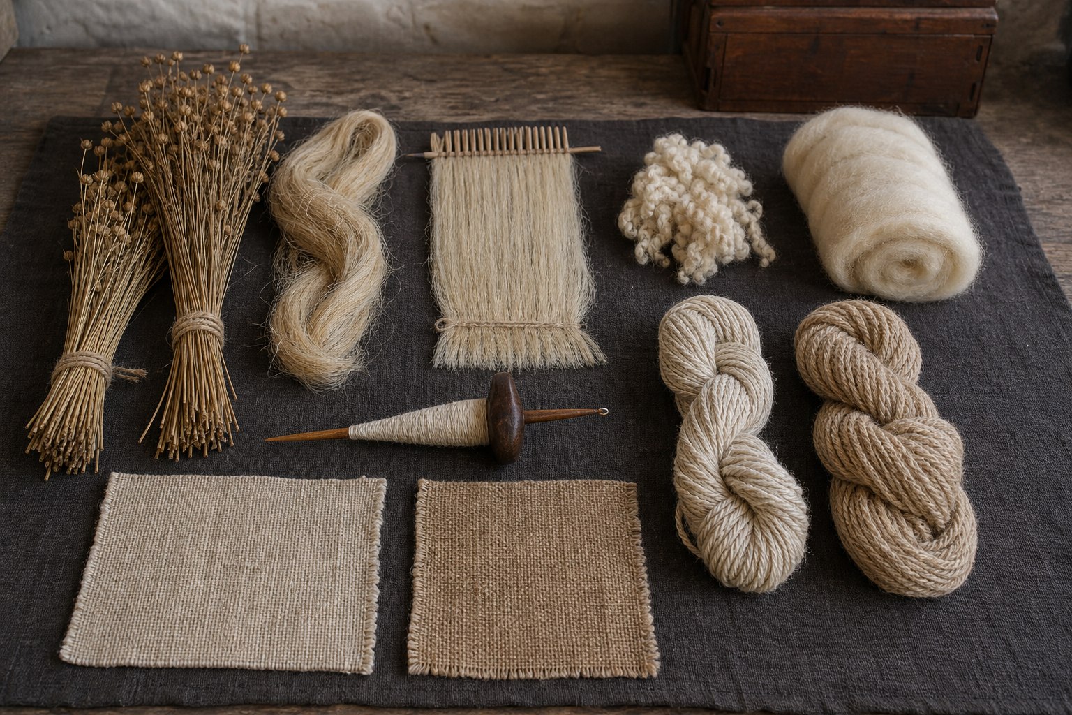 AI-generated material study showing flax stems and wool, prepared flax line and carded wool, a drop spindle, yarn skeins, and woven cloth swatches.