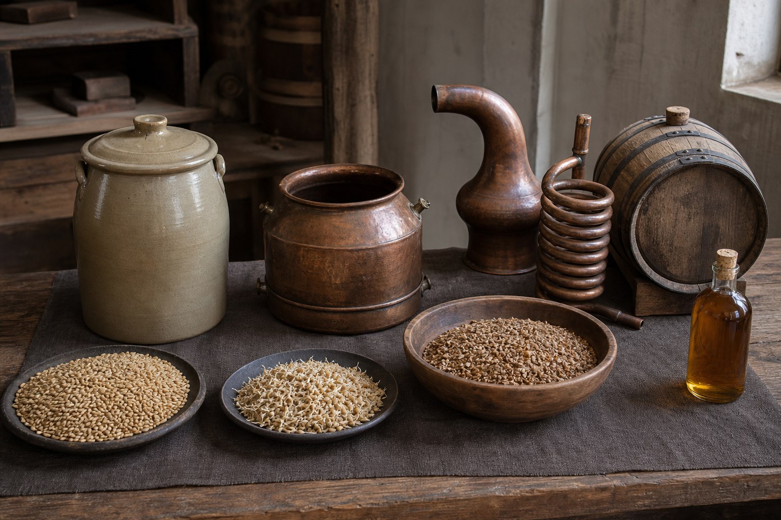 AI-generated material study showing barley, sprouted and cracked malt, a closed wash crock, empty disconnected copper still components, a bunged cask, and sealed spirit.