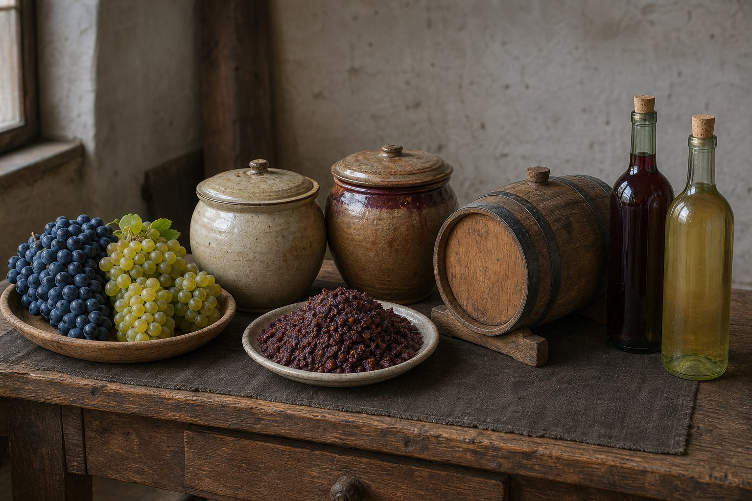 AI-generated material study showing dark and pale grapes, closed must vessels, grape pomace, a bunged wooden cask, and sealed red and white wine bottles.